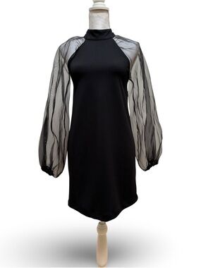 Zara Black High Neck Mini Dress with Sheer Organza Puff Sleeves - Size S NWT